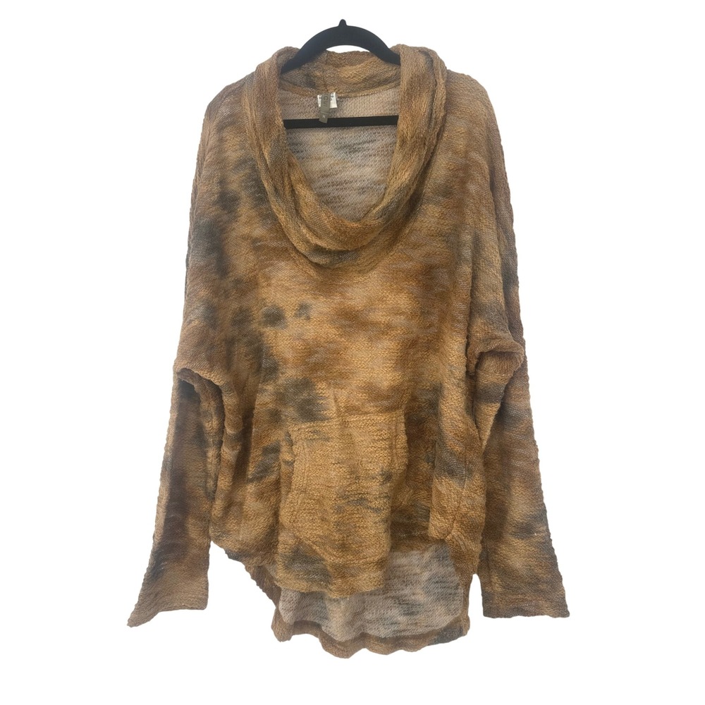 XCVI Cowl Neck Tunic Women M Brown Tie Dye Hi-Low Pocket Oversized Boho Casual